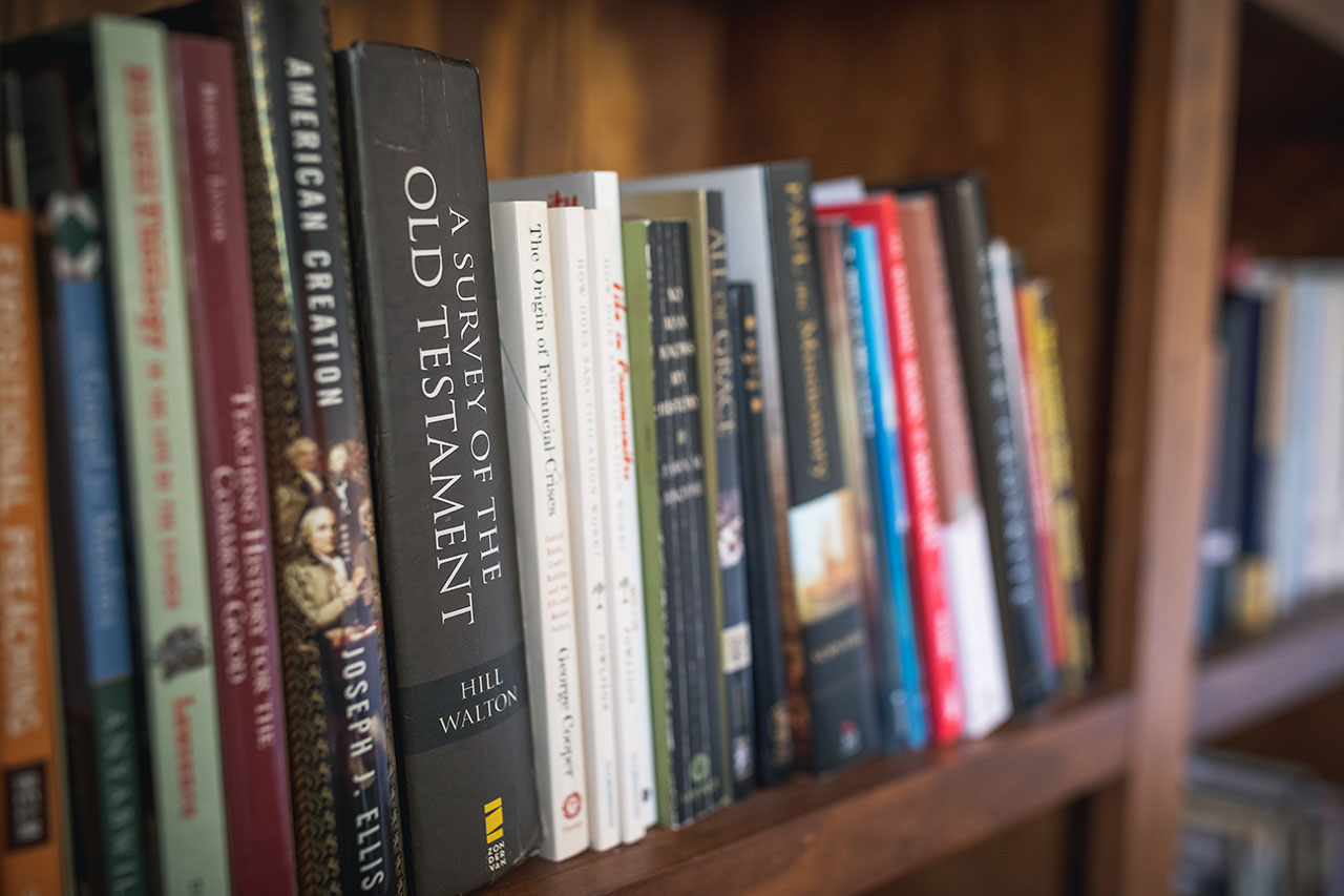 A closeup view of books on a bookshelf